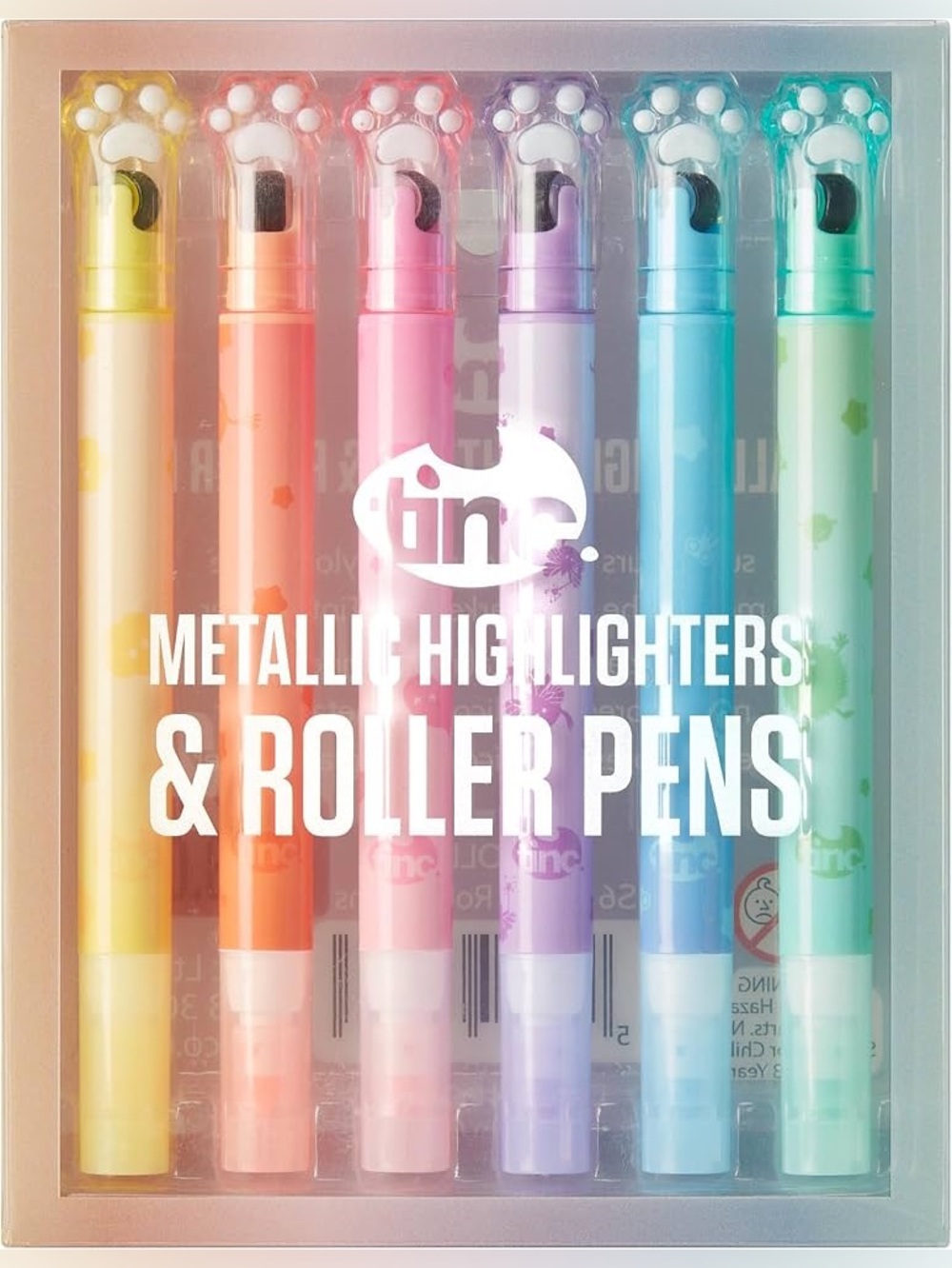 Tinc Set of 6 Cute Roller Print Metallic Highlighter Pens